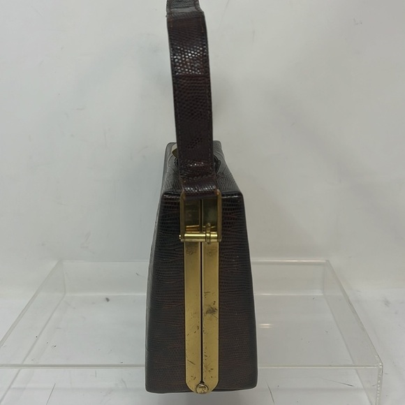 Harry Revits Lizard Reptile Dark Brown and Brass Structured Leather Box Handbag - Picture 5 of 13